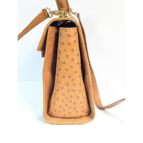 Scuola Del Cuoio Ostrich Leather Caramel Brown Flap Handbag Purse Firenze Italy - Picture 12 of 16